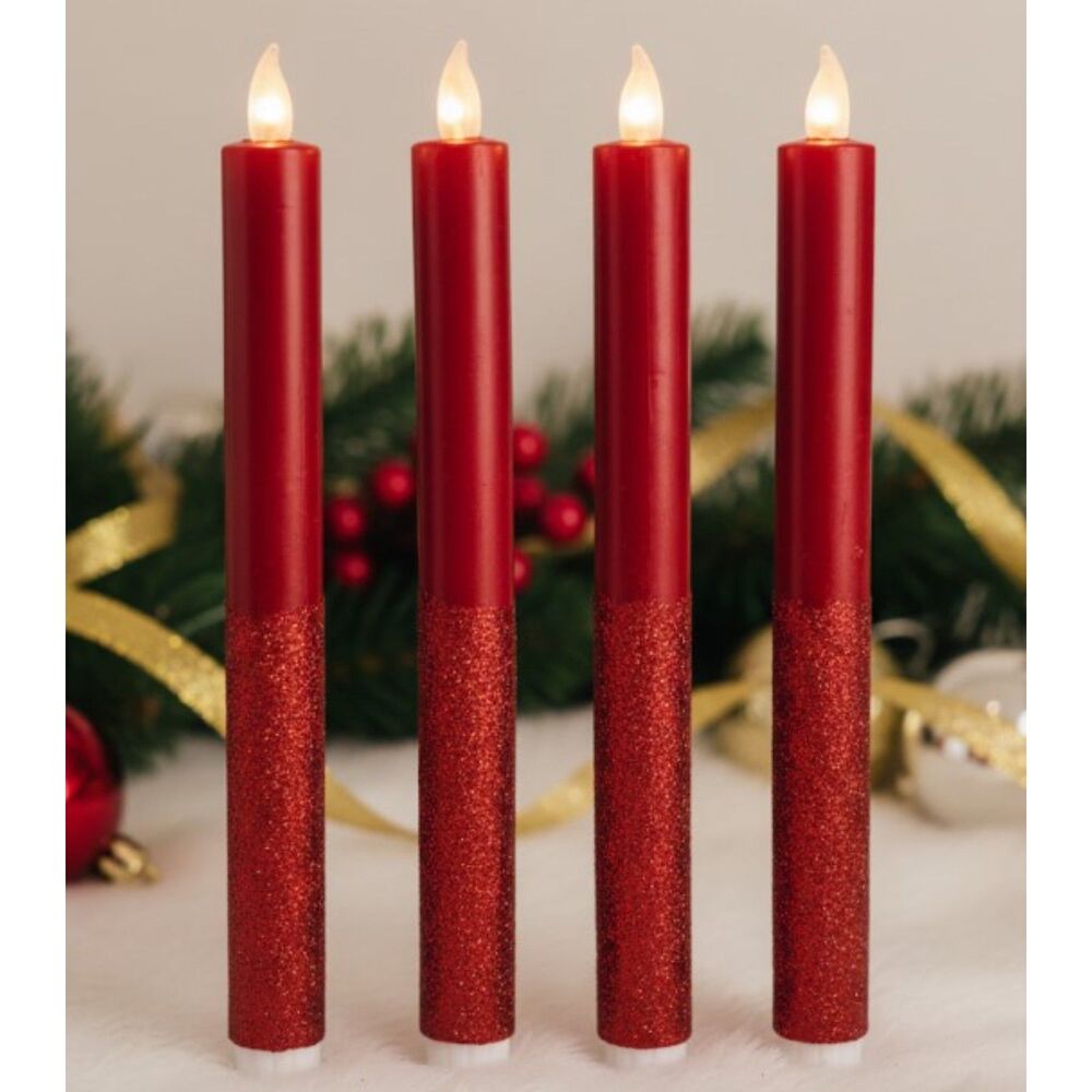 Vintage Red Flameless LED Taper Candles Set of 4 Glitter Christmas 10.5"